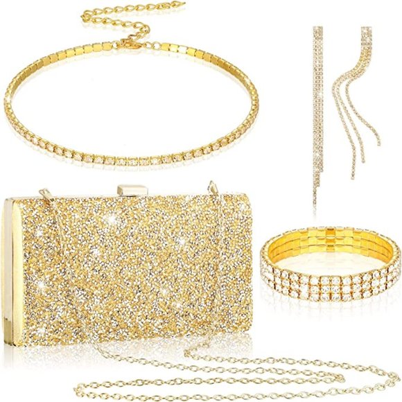 4Set Rhinestones Bag + Chocker + Earrings + Bracelet